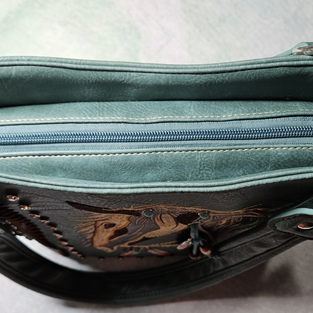 EUC Teal Embroidered Horse Design Vegan Leather Women's Bag - Picture 5 of 9